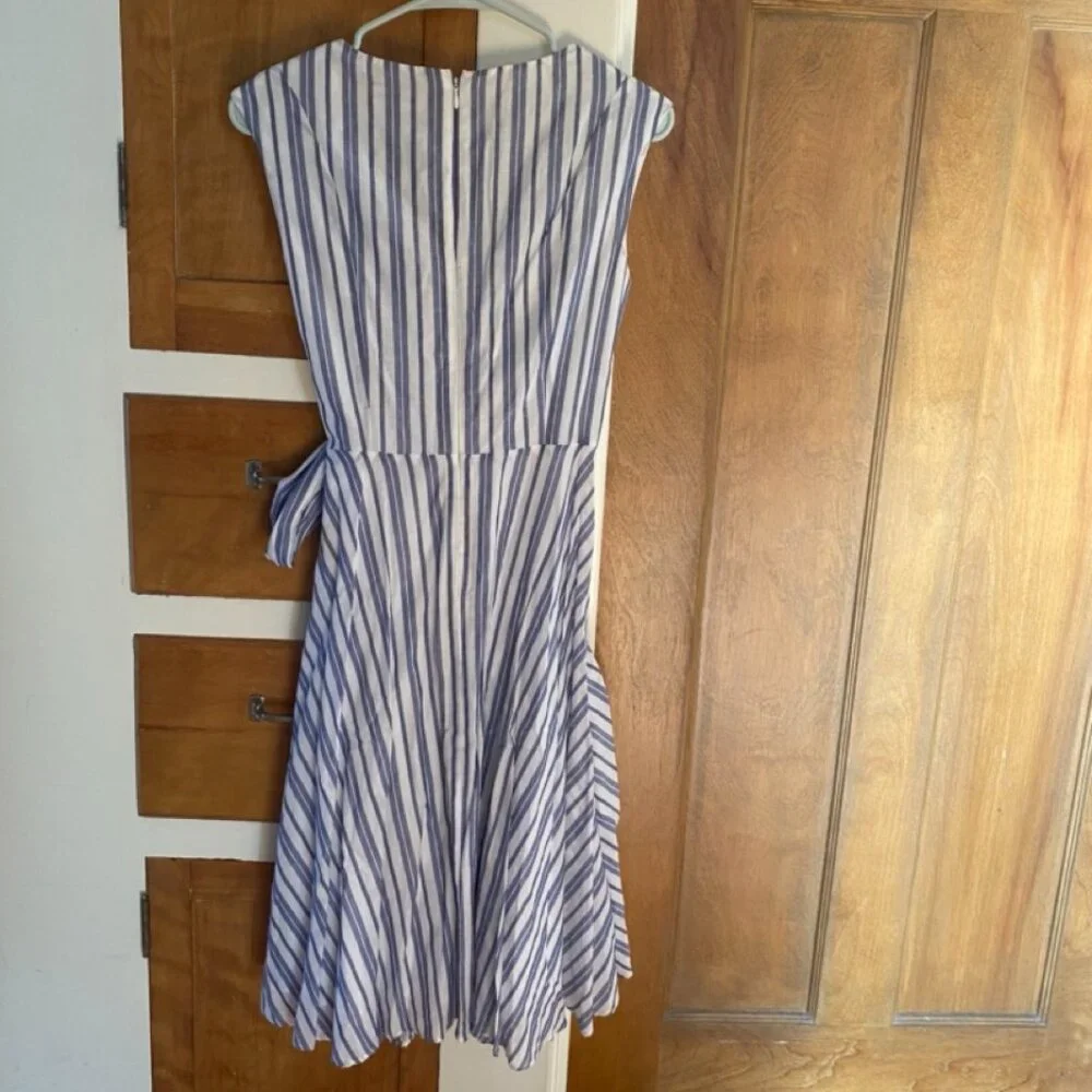 Calvin Klein Summery Blue and White Striped Faux-Wrap Dress - Picture 3 of 4